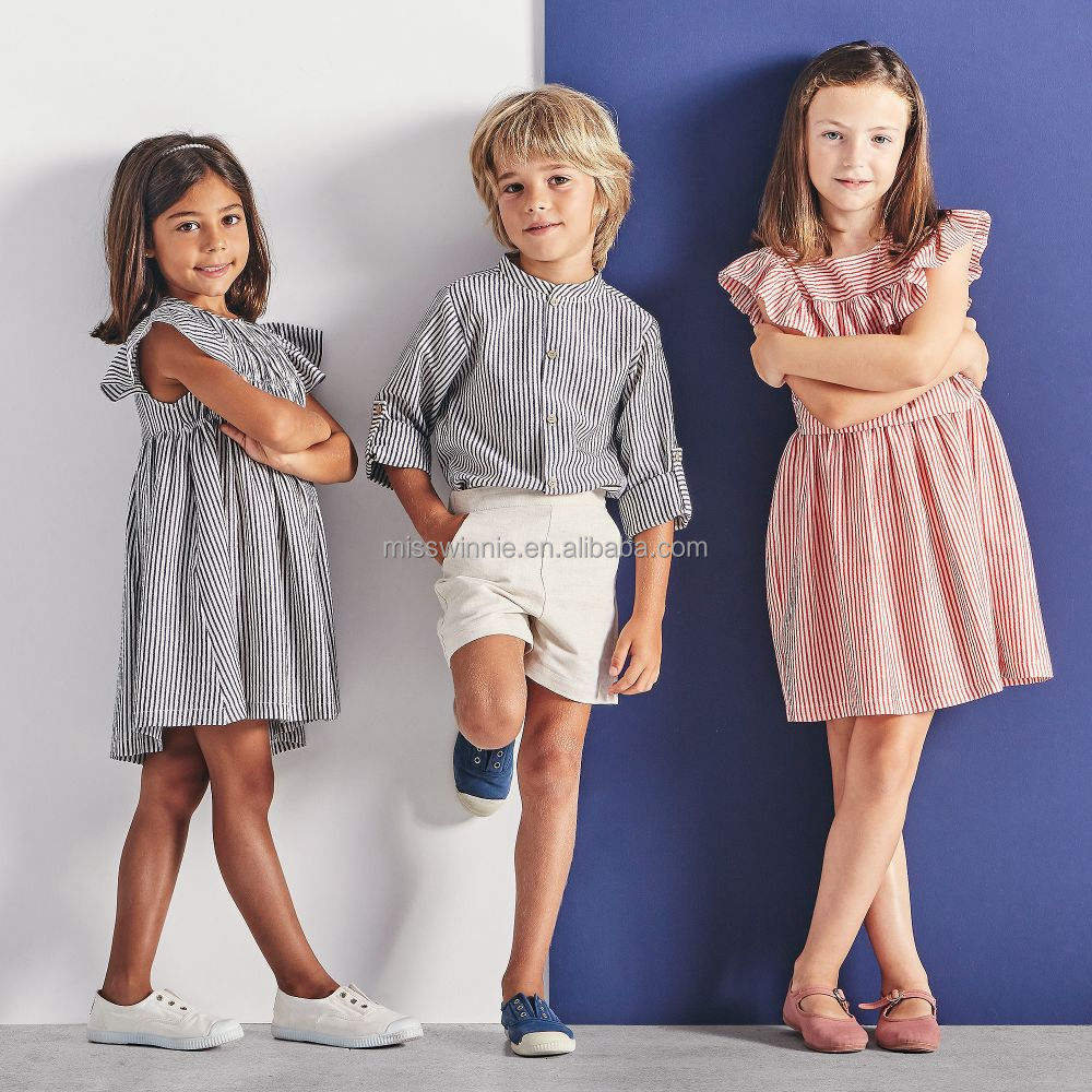 Guangzhou Red and Ivory Stripe or Navy and Ivory Stripe Toddler Girls Dresses 2-12 Cotton Custom Kids Clothing Suit Set for Boys