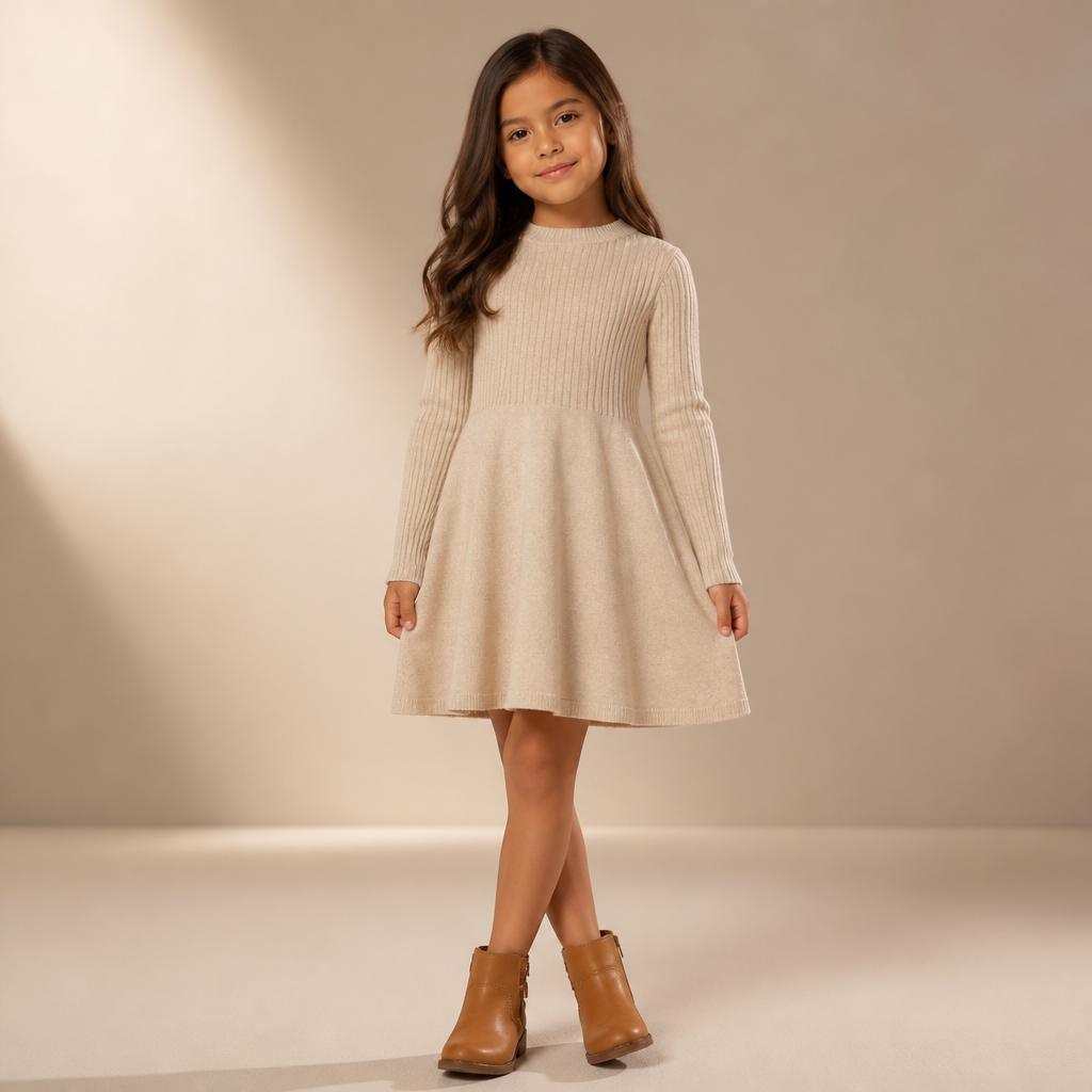 Girls Knit Sweater Dress Long Sleeve Ribbed Bodice Flared Skirt Crew Neck Fit and Flare Sweater Dress in Oatmeal Girl's Dress
